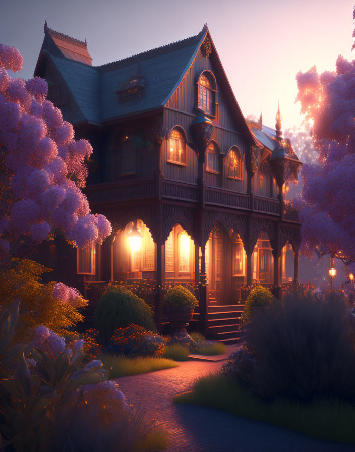 Victorian house at dusk with glowing windows and purple foliage