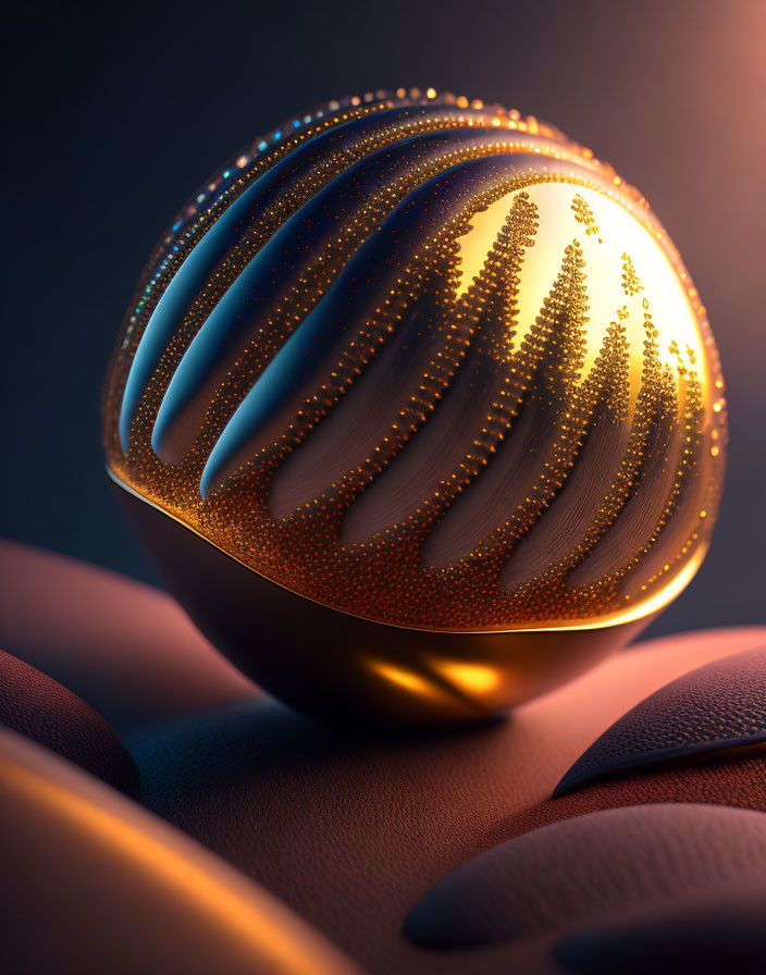 Glowing spherical object with pine tree silhouettes and dotted patterns on textured surface