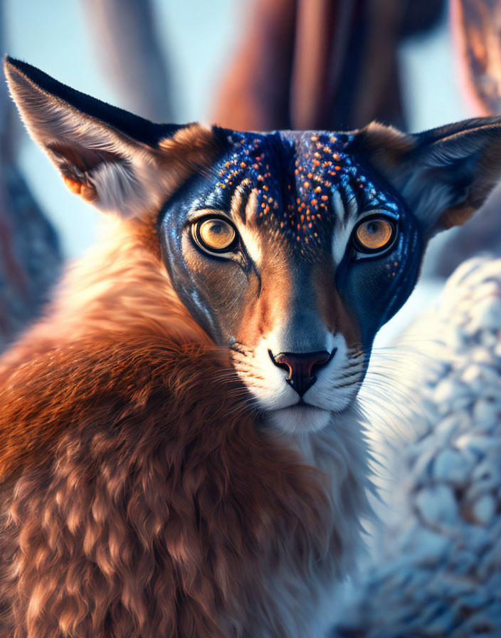 Artistic creature with caracal head and human-like eyes and face paint details