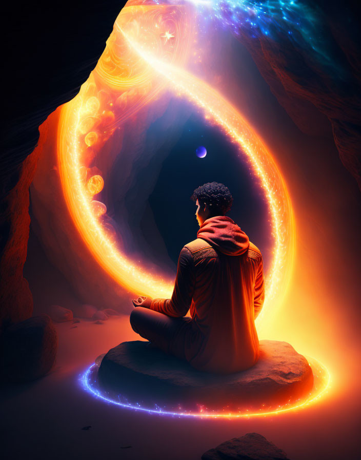 Person meditates on rock with cosmic backdrop of vibrant nebulae and stars in surreal cave.