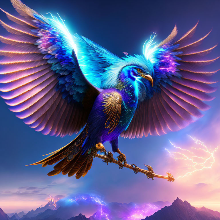 Vibrant blue phoenix with golden staff in dramatic sky