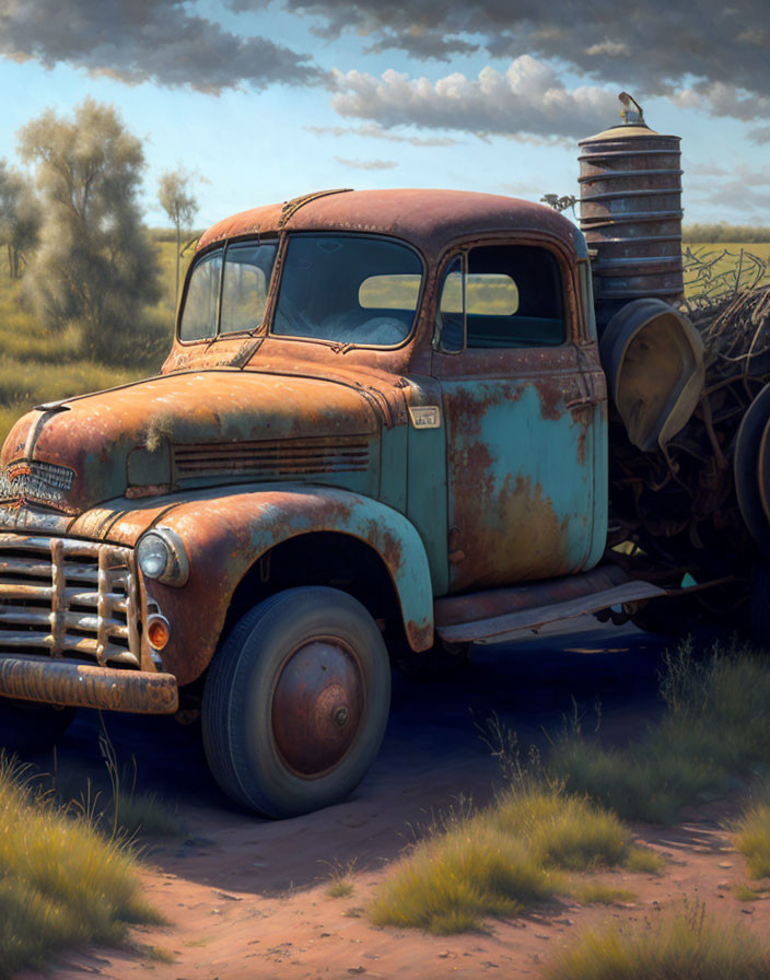 Abandoned vintage truck with bird in serene countryside