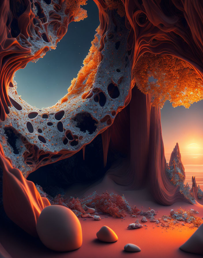 Orange-Hued Trees and Floating Rocks in Surreal Twilight Landscape