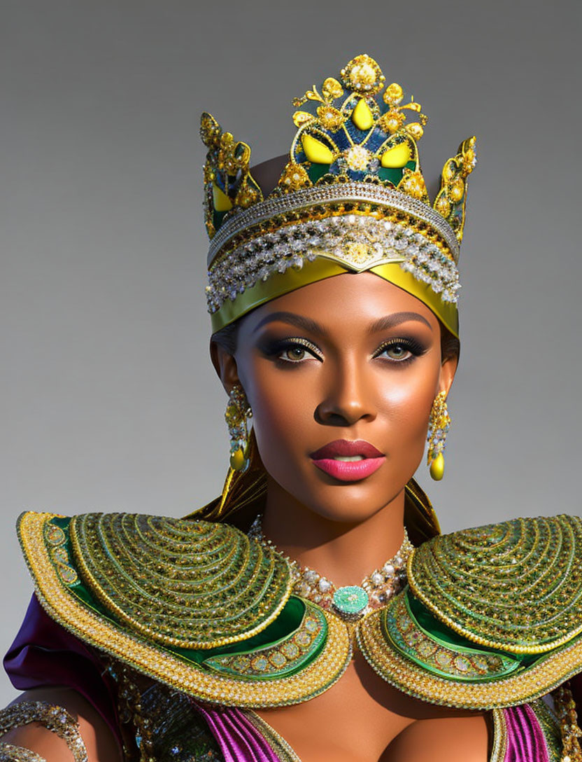 Regal woman with jeweled crown and shoulder pieces in gold and green.