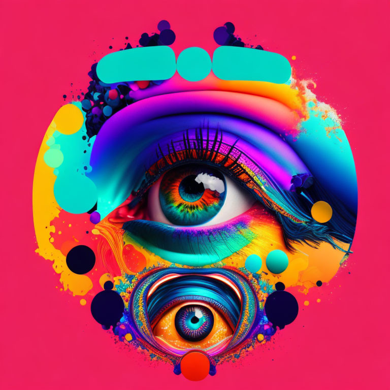 Colorful Eye Artwork with Psychedelic Patterns on Hot Pink Background