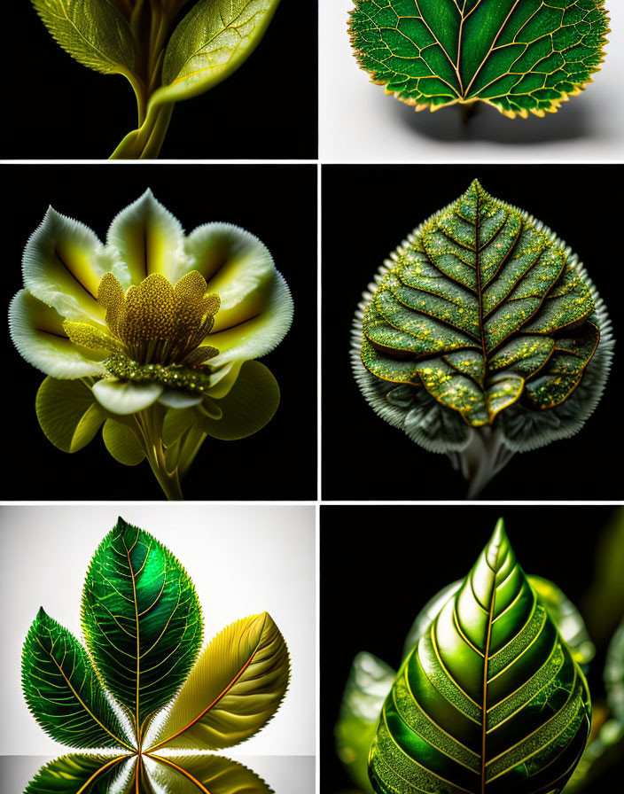 Close-Up Collage of Green Leaves and Flower Textures on Black Background