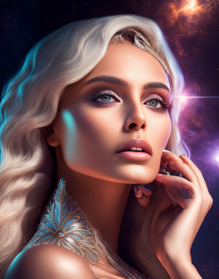 Platinum blonde woman with dramatic makeup in cosmic setting