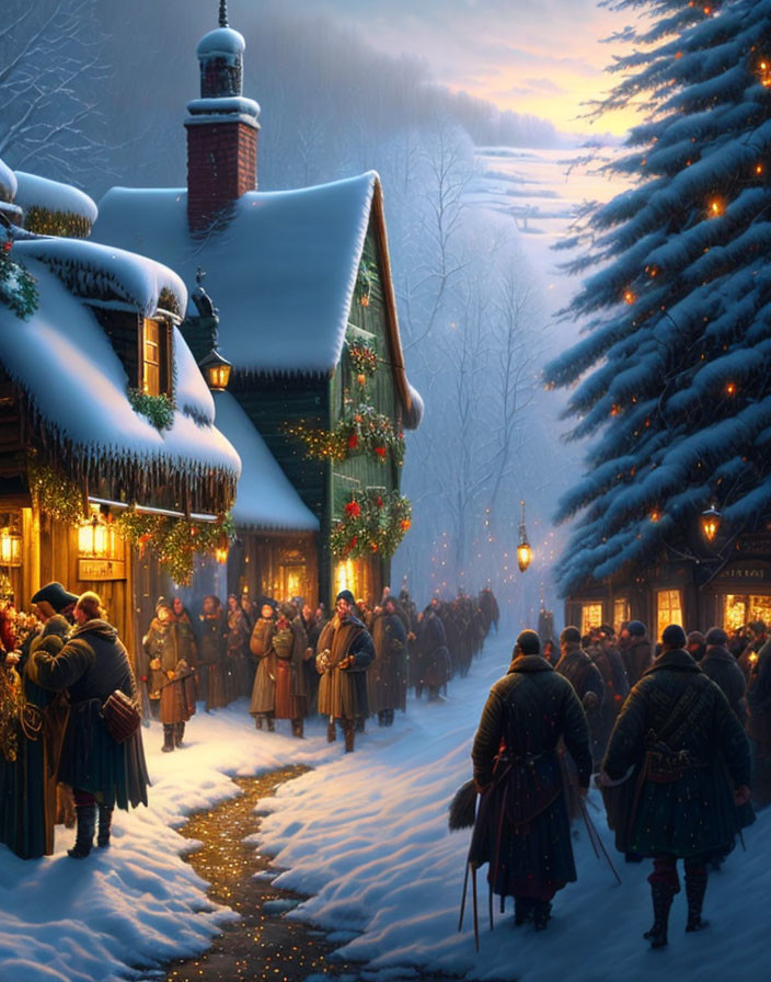 Snowy village scene with period attire people and evergreen trees at twilight