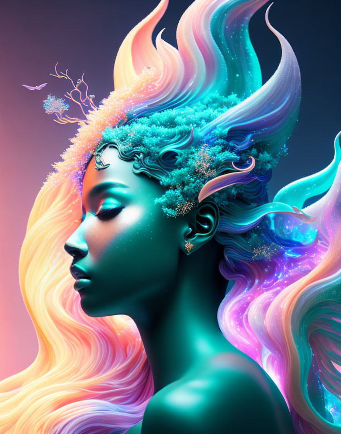 Digital artwork featuring woman with turquoise skin and colorful hair.