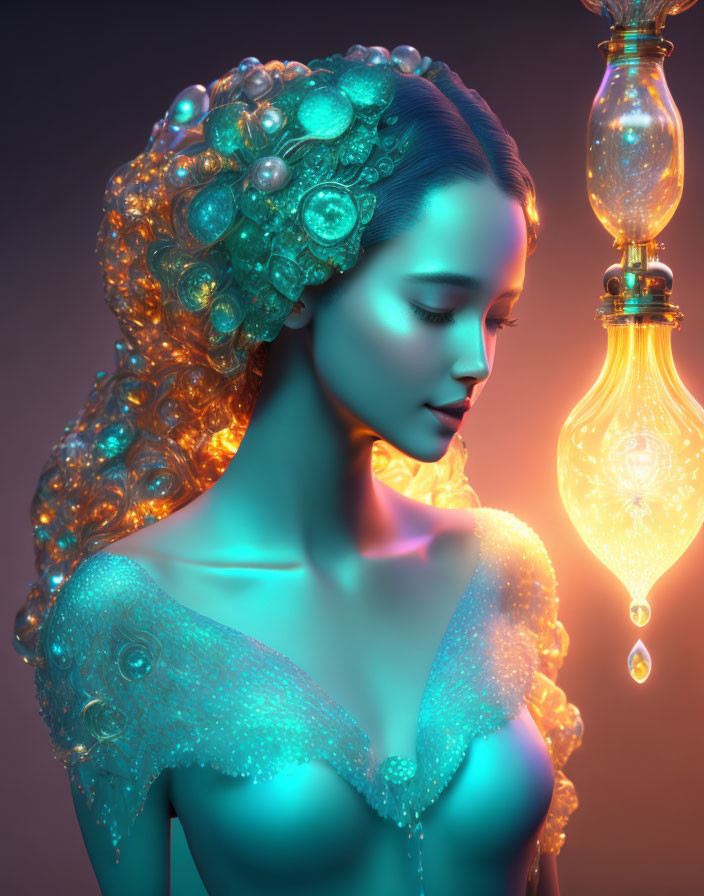 Digital artwork features woman with ornate hair and glowing blue gown next to vintage light bulb