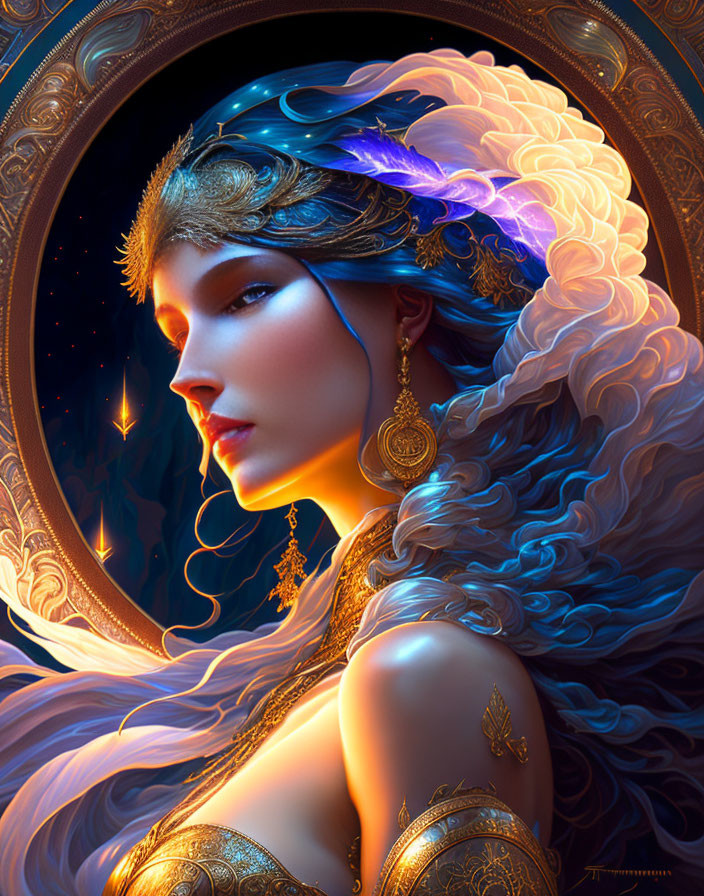 Woman in Golden Armor with Blue Feathered Headpiece on Starry Background