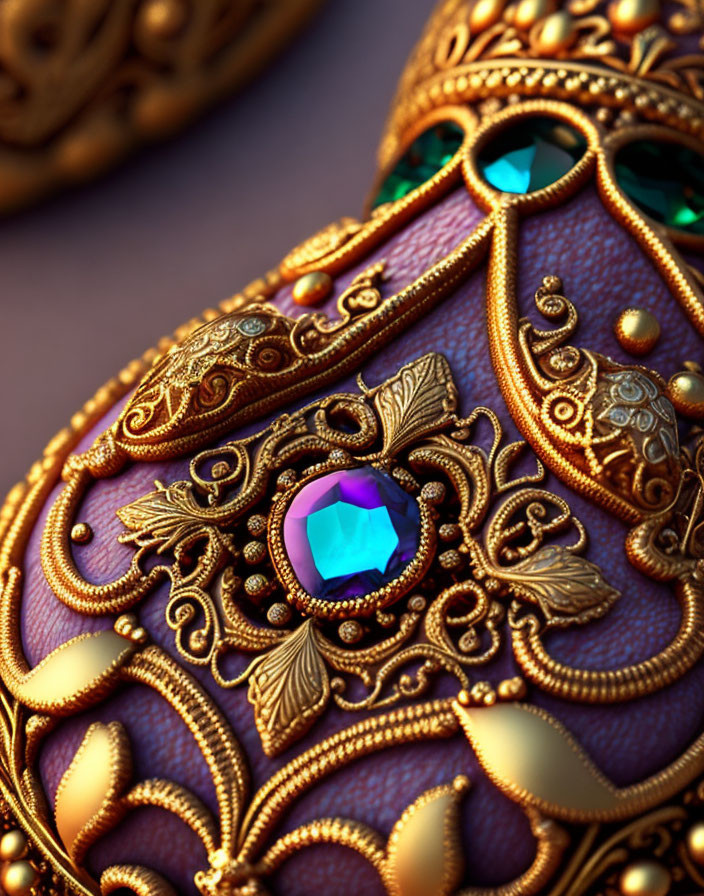 Golden Filigree Patterns with Blue Gemstone on Leather-like Surface