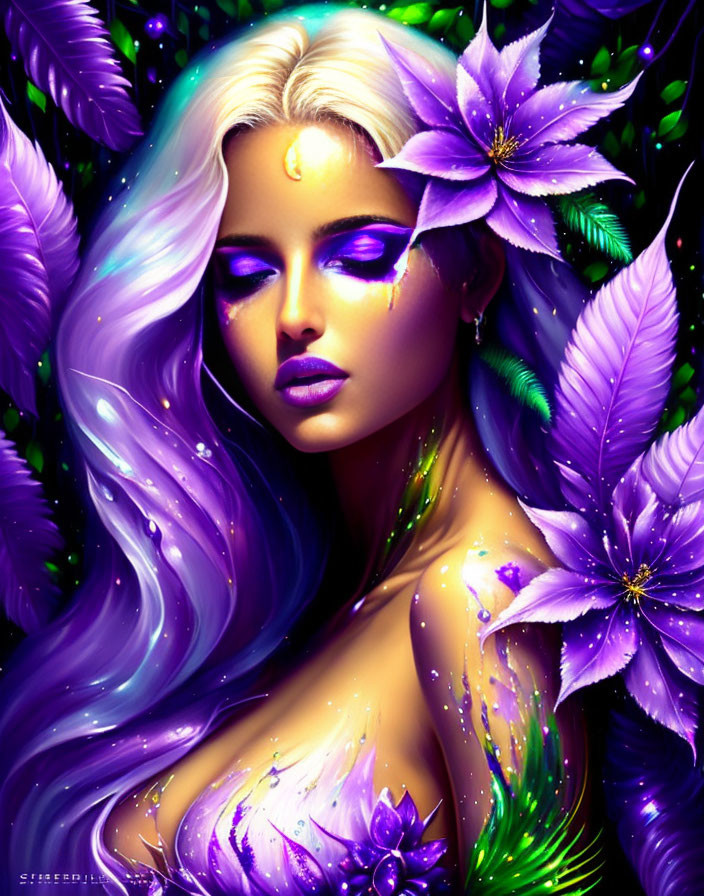 Mystical Woman with Silver Hair and Purple Flowers