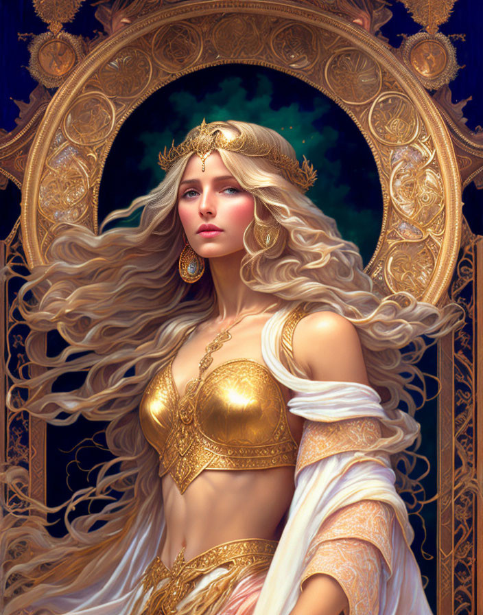 Blonde woman in golden crown and armor on starry background