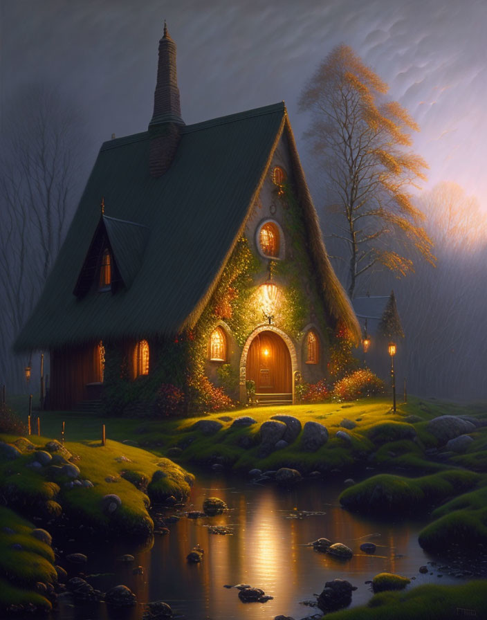 Thatched Roof Cottage by Serene River at Dusk