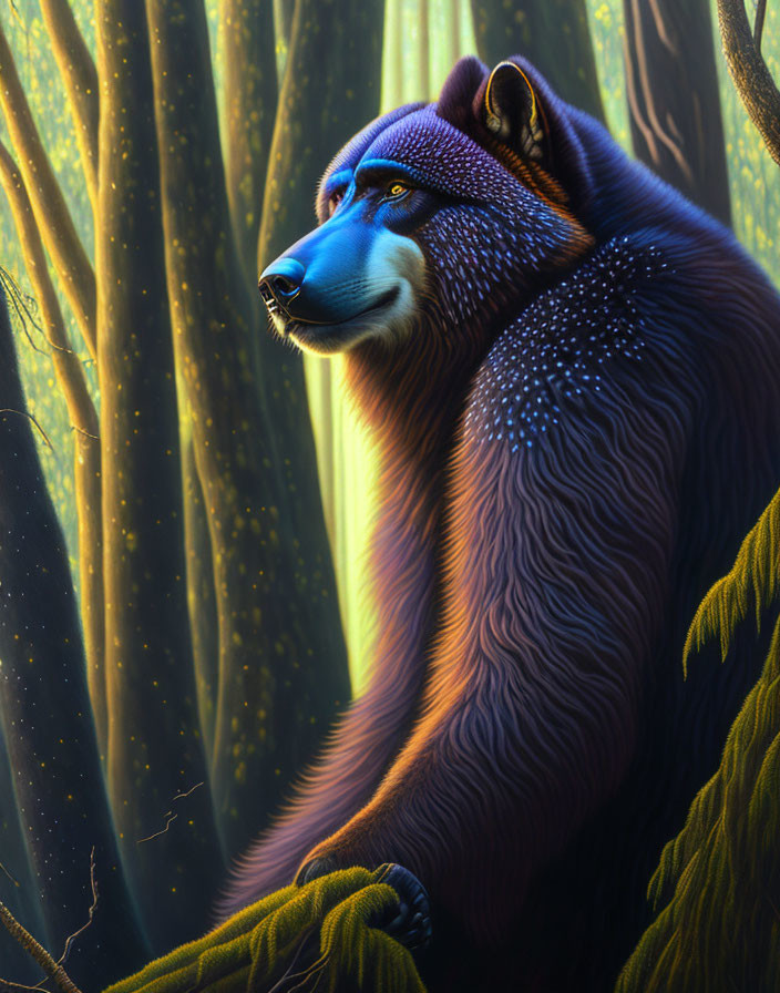 Blue anthropomorphic bear in sunlit mystical forest