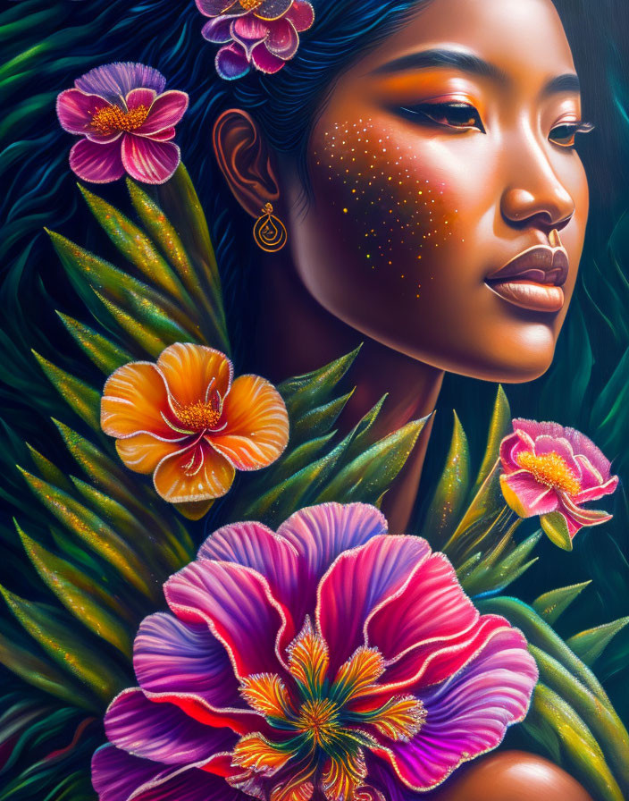 Colorful digital painting: Woman with flowers in hair and tropical backdrop.