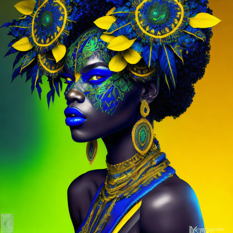 Portrait of a woman with blue and yellow face paint