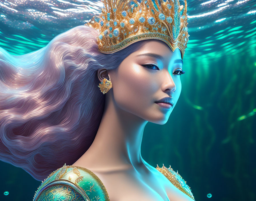 Regal woman with golden crown in underwater scene.