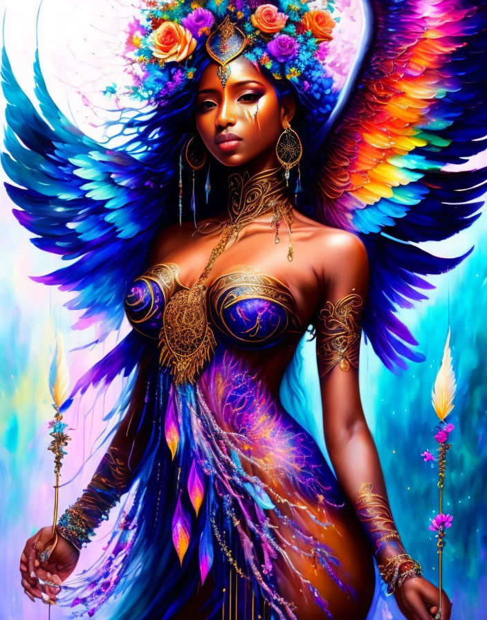 Colorful Illustration of Woman with Bird-Like Wings and Flower Halo