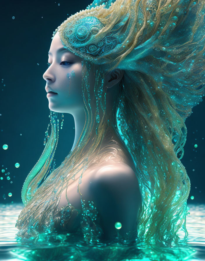 Woman with Aqua-Themed Headwear in Underwater Scene