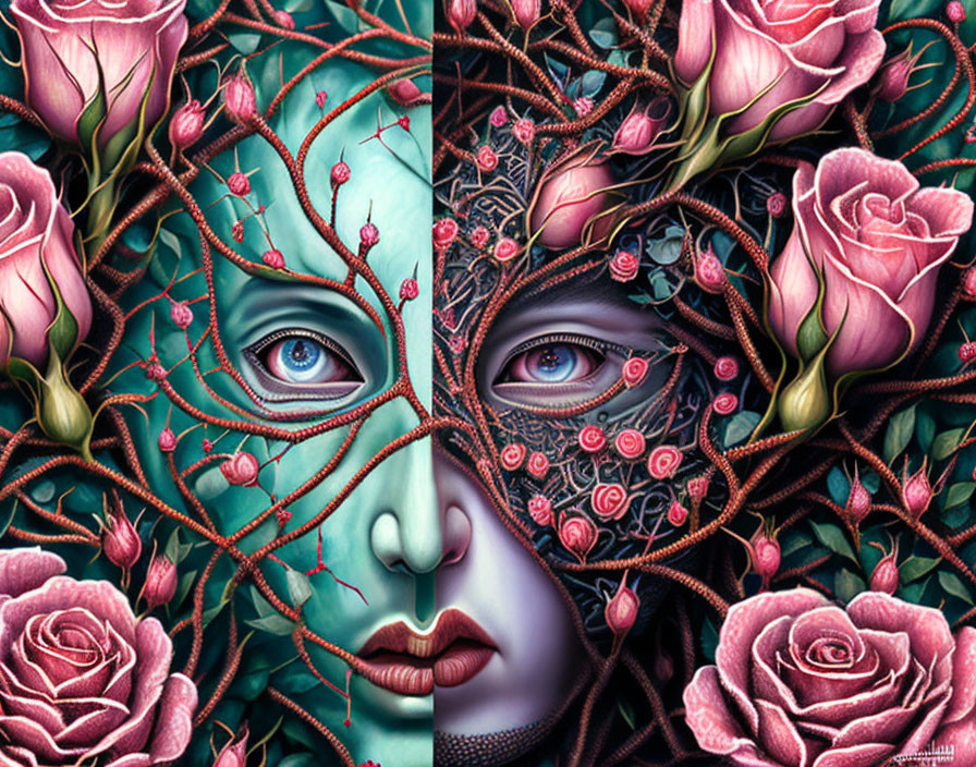 Split surreal image: Complementary faces entwined with vines and roses