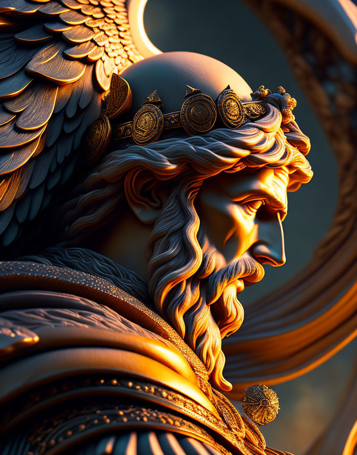 Majestic bearded figure in winged helmet and ornate armor with serene expression