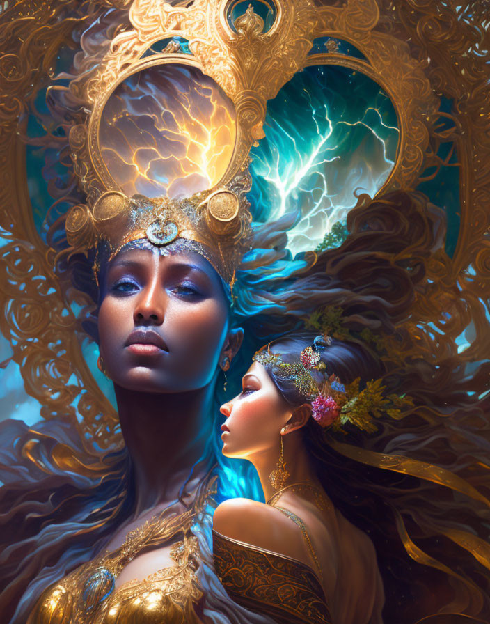 Surreal portrait of two women with golden headpieces in mystical setting