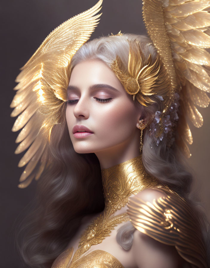 Serene woman with gold winged accessories and long wavy hair