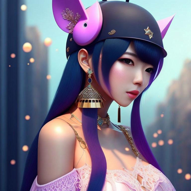 Illustrated female character with blue-purple hair in modern headphones and fantasy-style armor on soft pink and blue