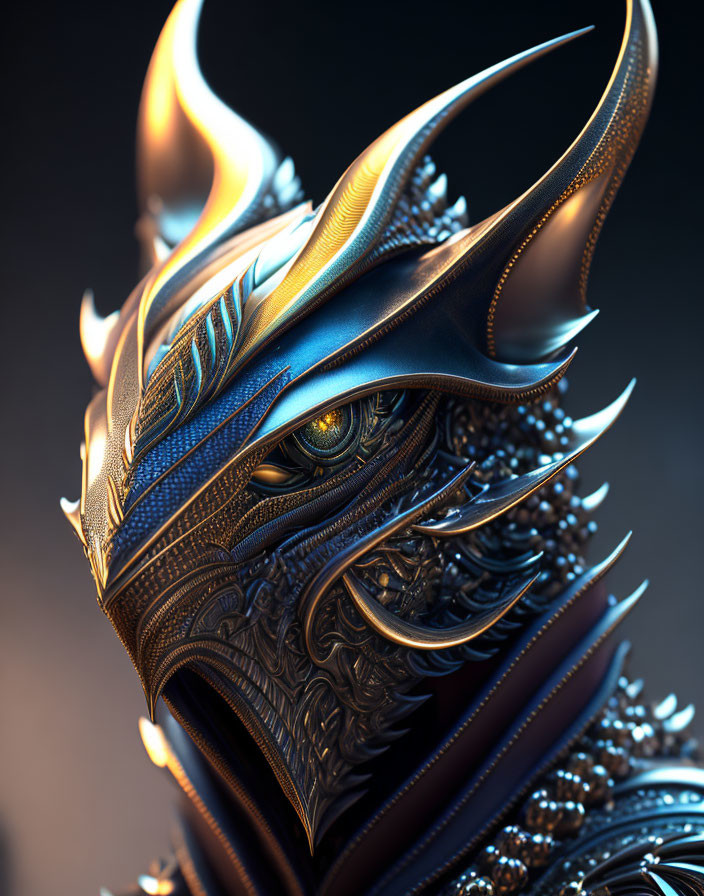 Fantasy creature with reptilian eye and ornate metallic armor