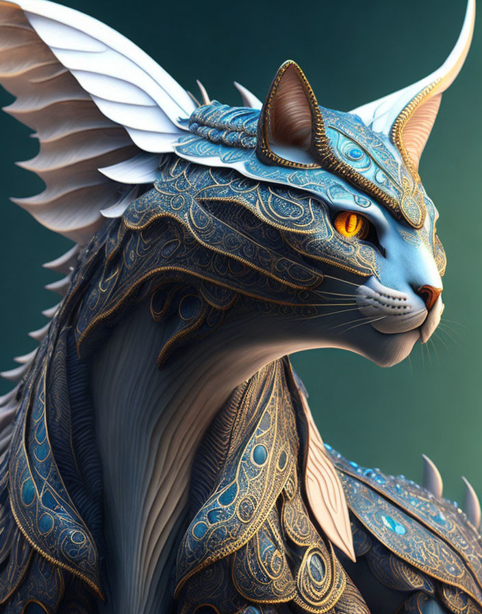 Majestic cat digital artwork with golden armor and wings