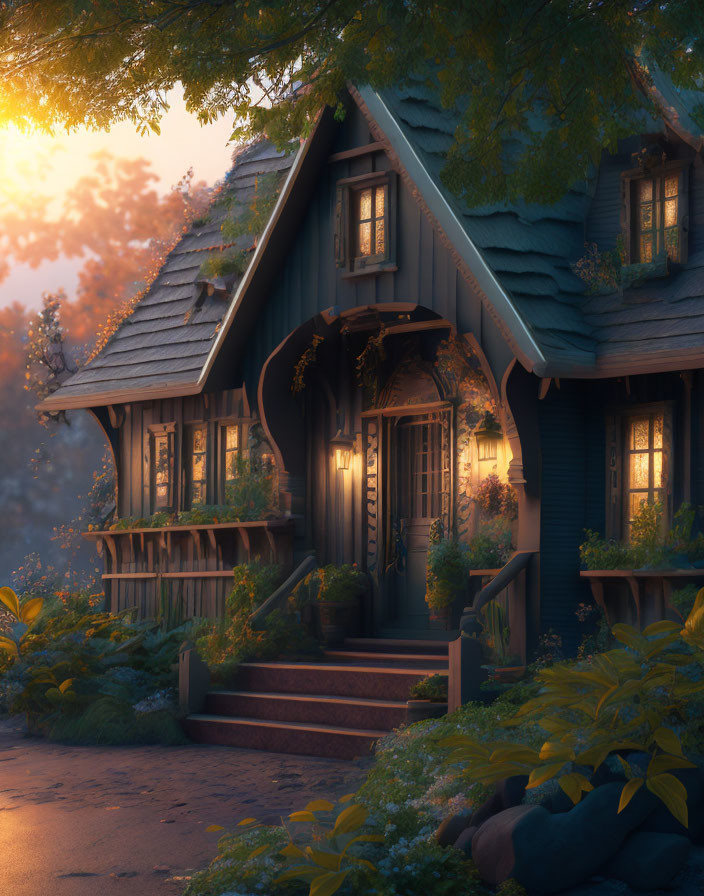 Serene sunset scene of a cozy cottage with warm lights and lush greenery