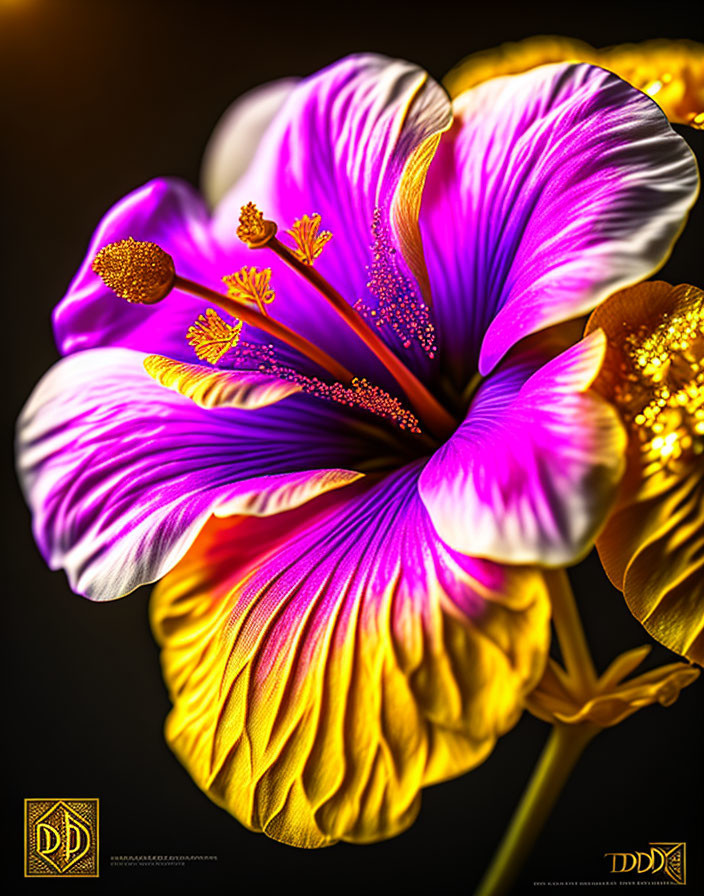 Detailed close-up of purple and yellow iris flower on dark backdrop