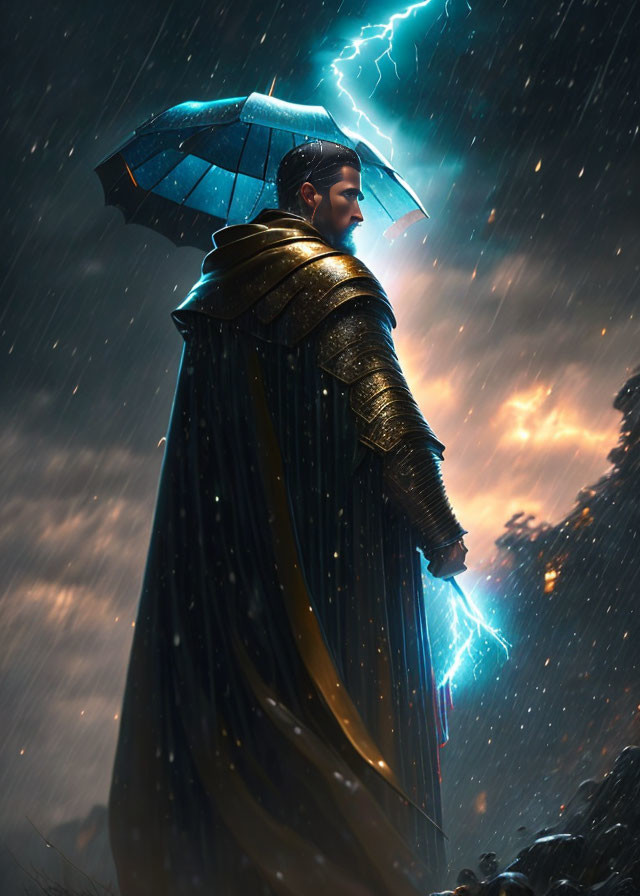 Majestic figure in black cloak and armor with umbrella under stormy sky.