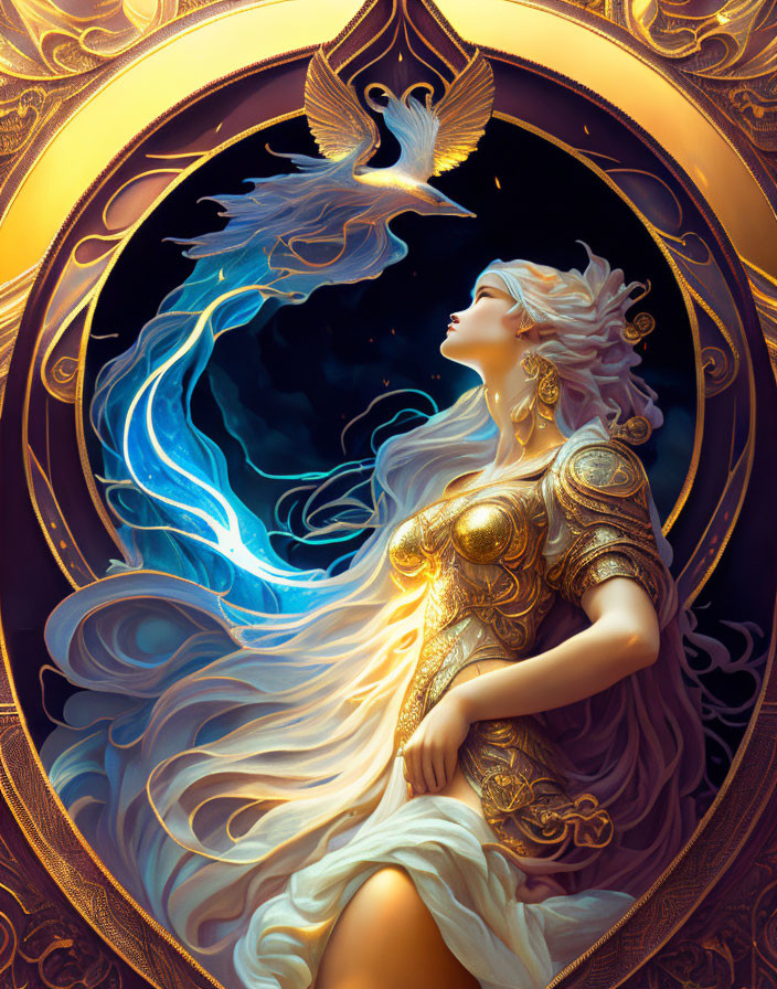 Illustrated woman in golden armor with ethereal bird in celestial setting