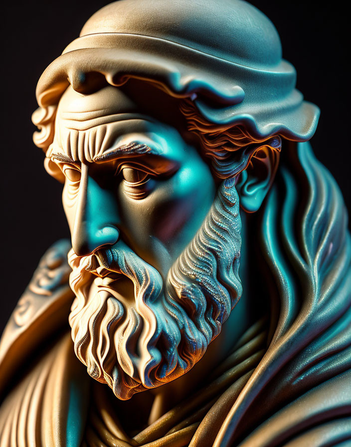 Detailed Bust of Bearded Figure in Dramatic Lighting