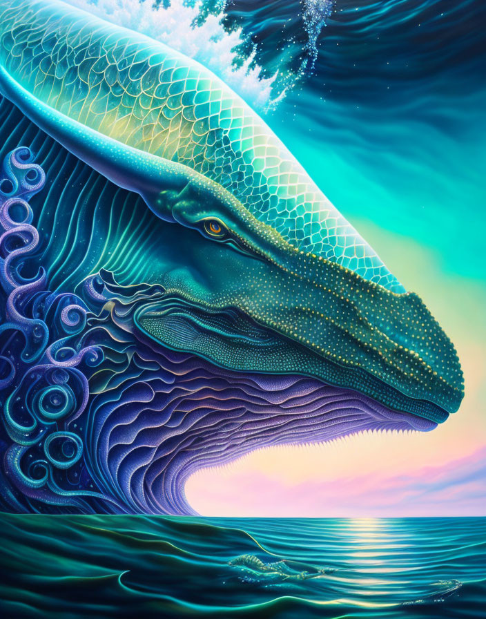 Colorful mythical sea creature illustration with whale-like features and intricate scales in sunset backdrop