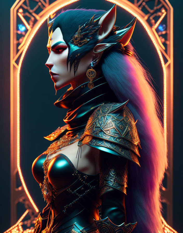 Fantasy character with elfin ears, crown, colorful hair, and ornate armor on glowing geometric