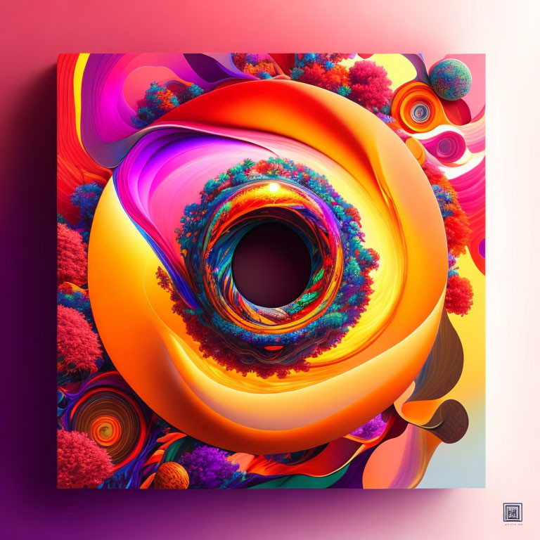 Colorful digital artwork with central spiral vortex in oranges and purples