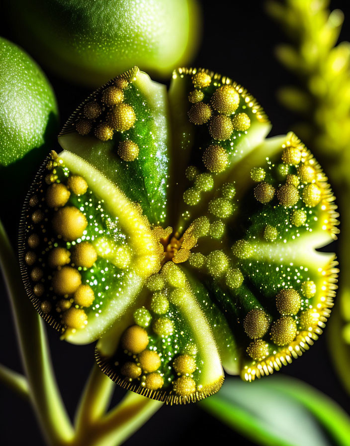 Green succulent plant with water beads on tips against dark background