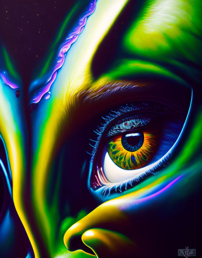 Colorful Digital Painting of Human Eye in Surreal Neon Hues