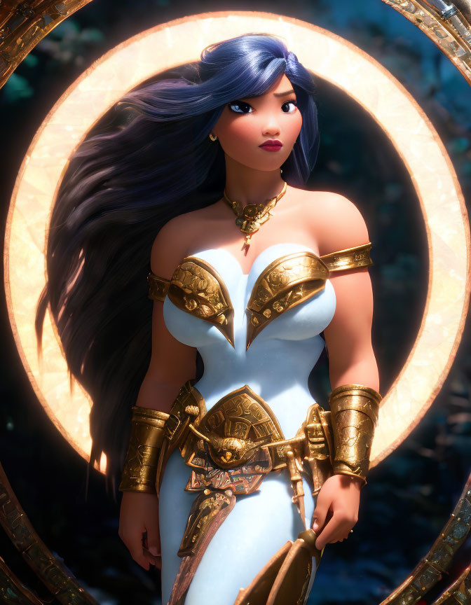 Warrior princess in white and gold armor with purple hair in 3D animation