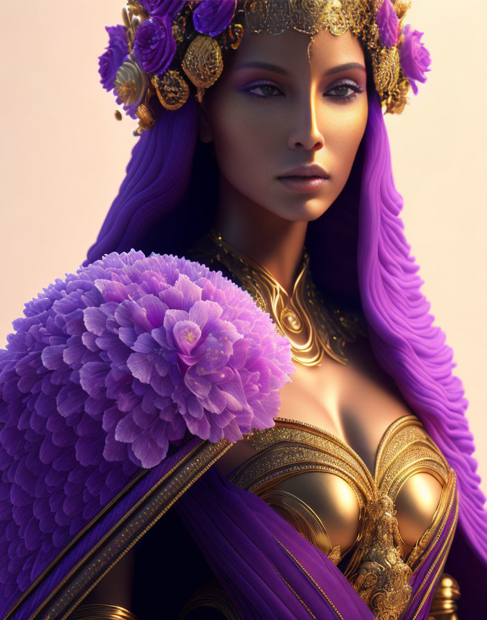 Digital artwork: Woman with purple hair, gold ornaments, floral headdress, draped in purple fabric.