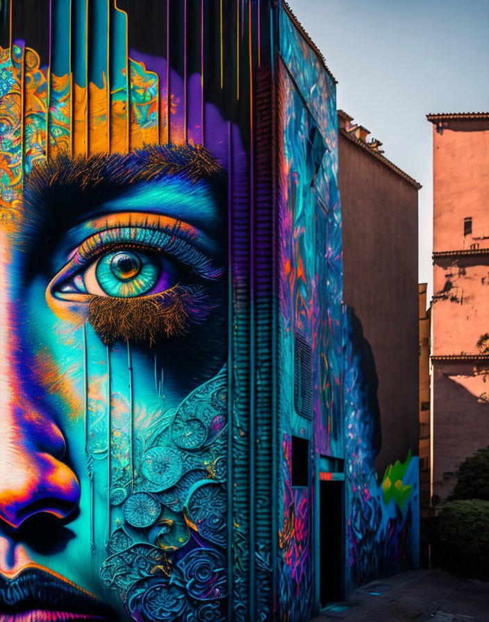 Colorful Eye Mural on Urban Building Facade at Sunset