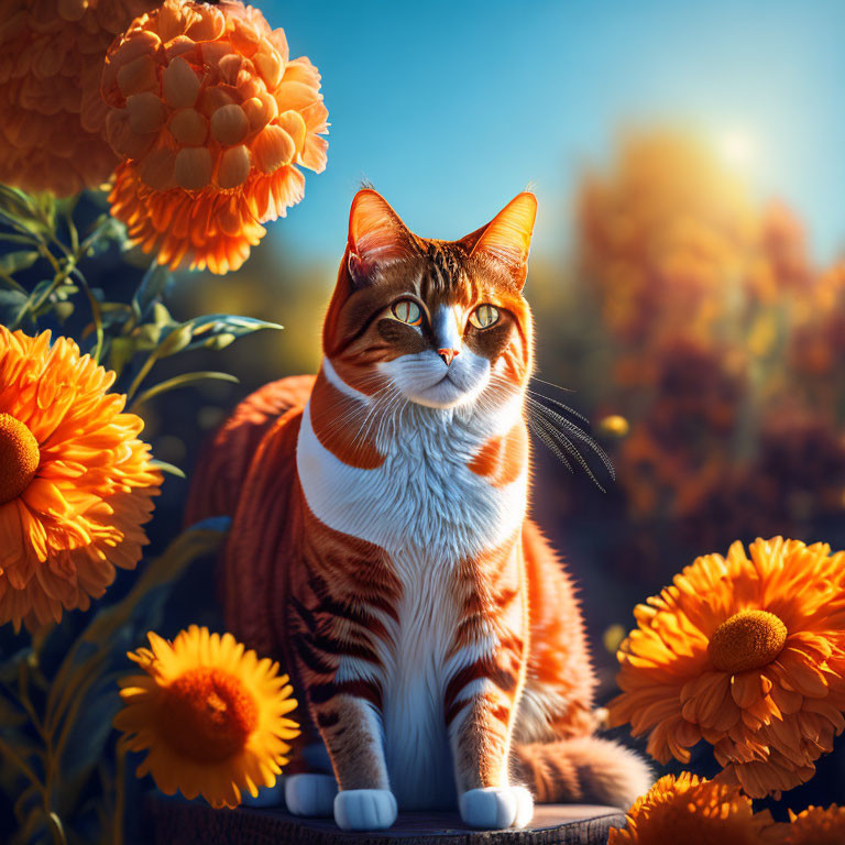 Orange and white cat in sunflower field at sunrise or sunset