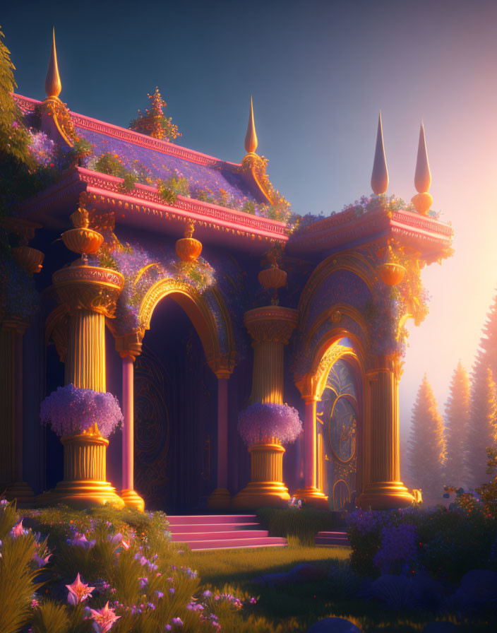 Fantastical building with golden spires in tranquil forest