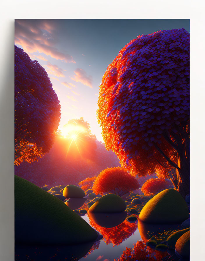 Colorful sunset digital art with oversized flowers and moss-covered elements.