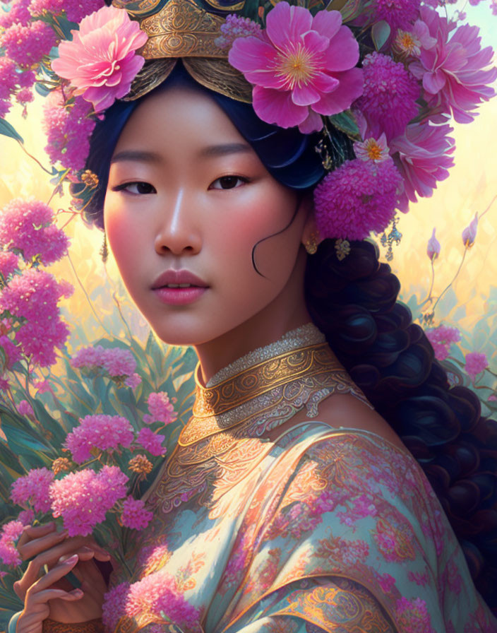 Traditional Attire Portrait Surrounded by Pink Flowers