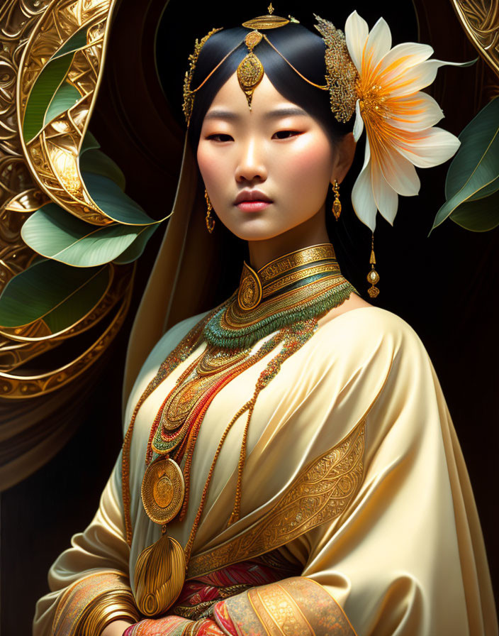 Digital artwork featuring woman in golden jewelry and traditional attire against dark ornate background